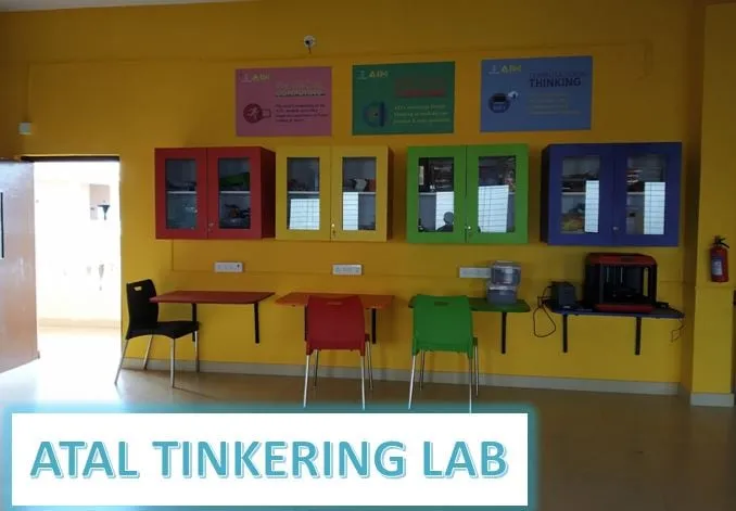 The Atal Tinkering Lab with coloured storage cubes on yellow walls