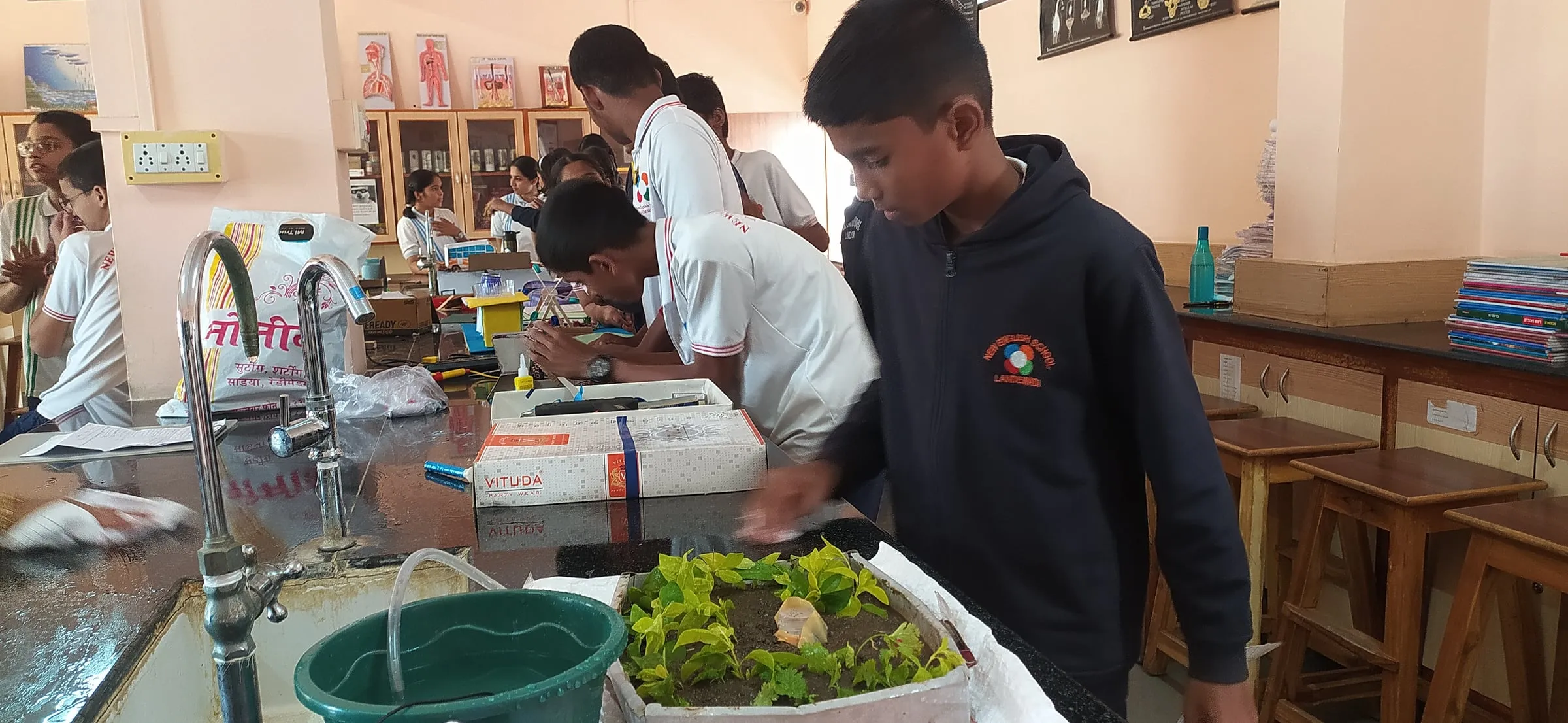 Students building a model with plants and water in the lab